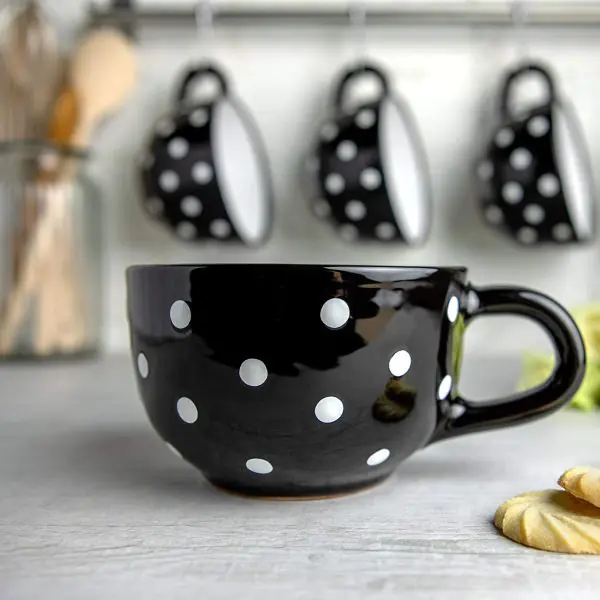 City to Cottage White and Black | Polka Dot Spotty | Designer Handmade Hand Painted | Unique Ceramic Extra Large 17.5oz/500ml | Cappuccino Coffee Tea