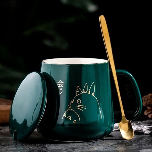 Light Luxury Gold-painted Ceramic Coffee Mug with Lid Spoon
