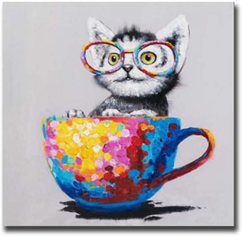 ZYCH OIL PAINTING CAT COFFEE CUP CANVAS WALL ART MODERN ART WORK HOME DECORATION PAINTING 20X24INCH (50X60CM)