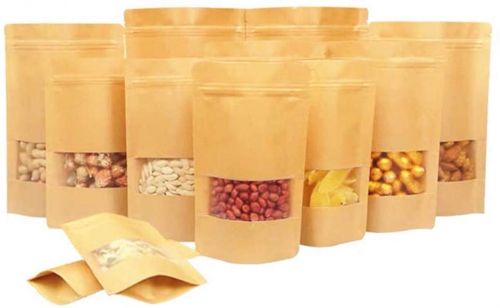 KRAFT PAPER BAGS WITH MATT WINDOW AND ZIP LOCK DECORATIVE BROWN HEAVY DUTY HEAT SEAL RECYCLED RESEALABLE MYLAR STAND UP POUCHES BAGS SEALABLE FOR DIY FOOD SNACK COOKIES CANDY COFFEE(8X12+4INCH)