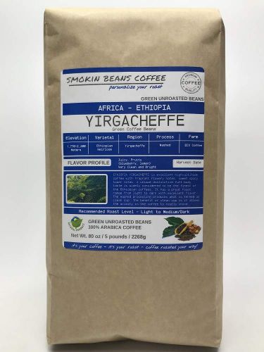 5 POUNDS – AFRICAN - ETHIOPIA YIRGACHEFFE - UNROASTED ARABICA GREEN COFFEE BEANS – VARIETAL ETHIOPIAN HEIRLOOM – DRYING/MILLING PROCESS WASHED SUNDRIED – UNIQUE DISTINCTIVE TASTE - INCLUDES BURLAP BAG