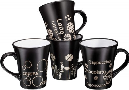 Bruntmor Set Of 4 Matte Black Novelty Coffee-Themed Sayings for Coffee, Tea, Cocoa, Large Ceramic Mugs 14 OZ