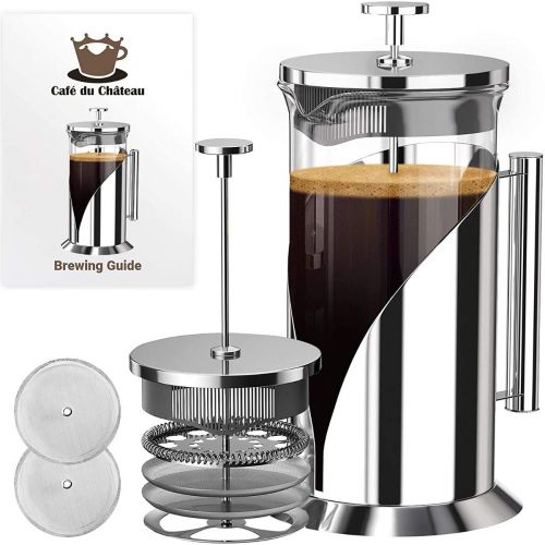 Cafe du Chateau French Press Coffee Maker - Heat Resistant Borosilicate Stainless Steel Coffee Press with 4 Level Filter - Brew Coffee and Tea - Large 34 Oz Glass Carafe Coffee Presser