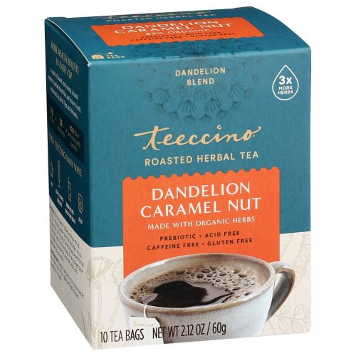 TEECCINO DANDELION TEA – CARAMEL NUT – RICH & ROASTED HERBAL TEA THAT’S CAFFEINE FREE & PREBIOTIC WITH DETOXIFYING DANDELION ROOT, 25 TEA BAGS