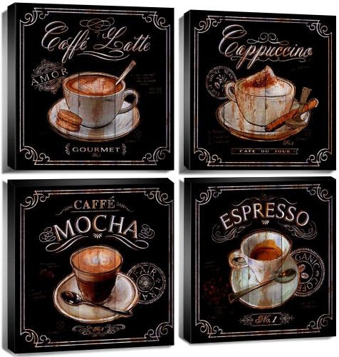 Coffee Wall Art Kitchen Pictures Wall Decor Coffee Cup Bar Canvas Prints Decorations 12x12" Vintage Mocha Espresso Table Dining Room Coffee Shop Sign Home Decorations Painting Artworks 4 Panels